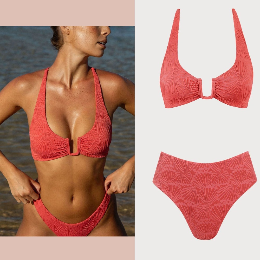 NWT Berlook [ 2PC‎ Set ] Red Jacquard U-Ring Top M + S Full Bikini Bottom #7075